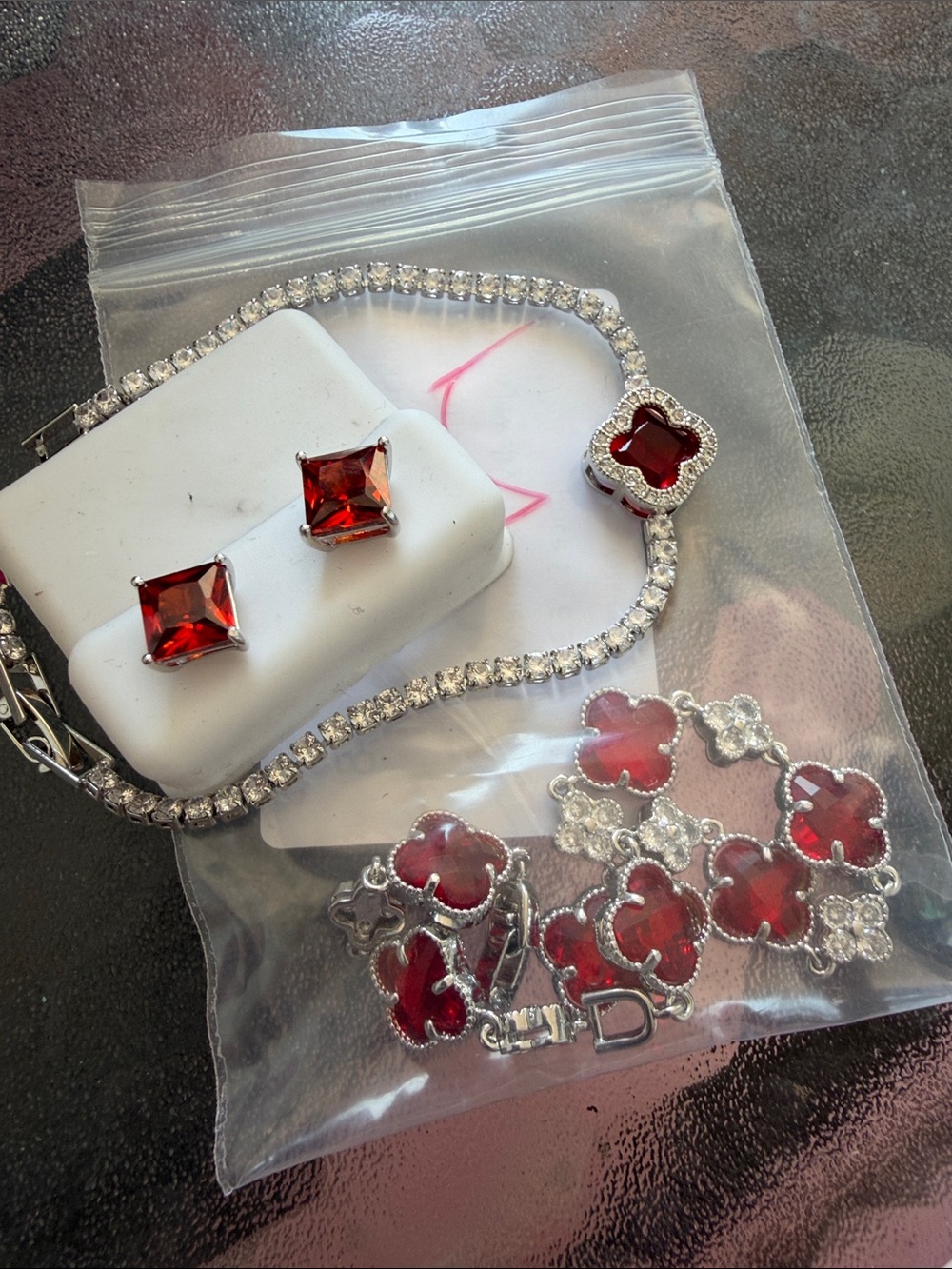 Red Crystal Earrings and 2 Bracelet Set - Women's Jewelry